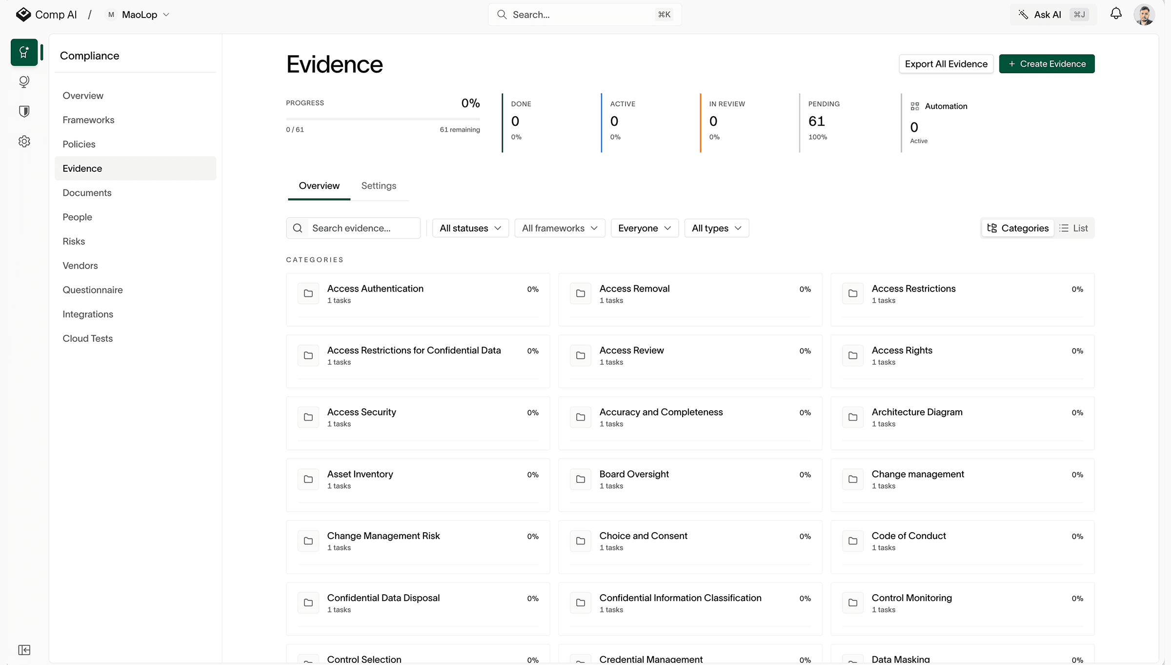 Comp AI — the Evidence view, showing compliance evidence grouped by category