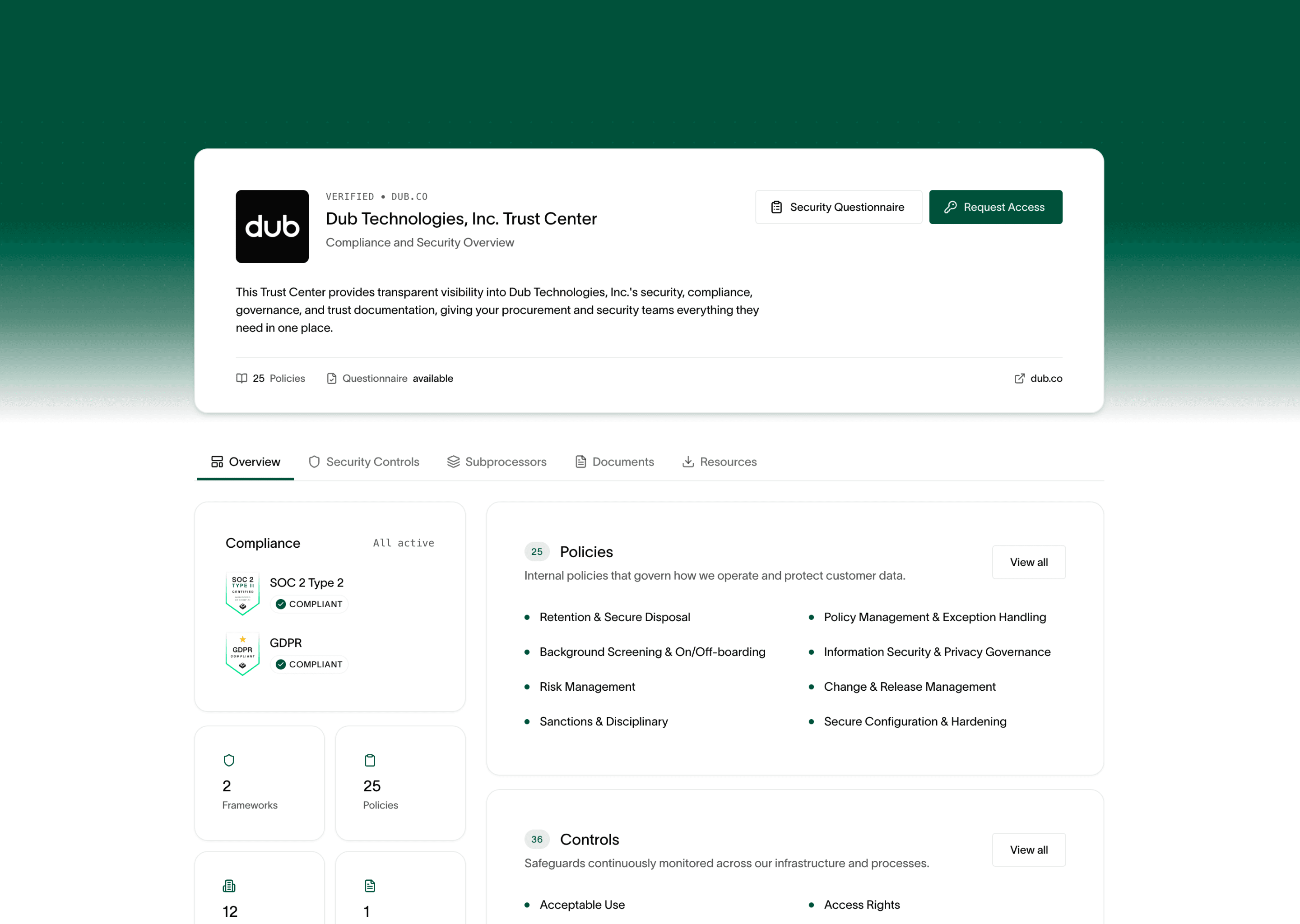 Comp AI — a customer Trust Center showing frameworks, policies and controls